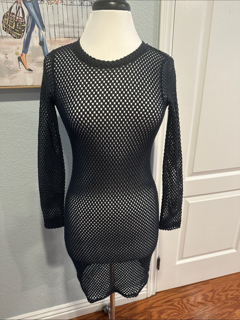 David Lerner Sz Small Black Open-Weave Long Sleeve Mini Dress